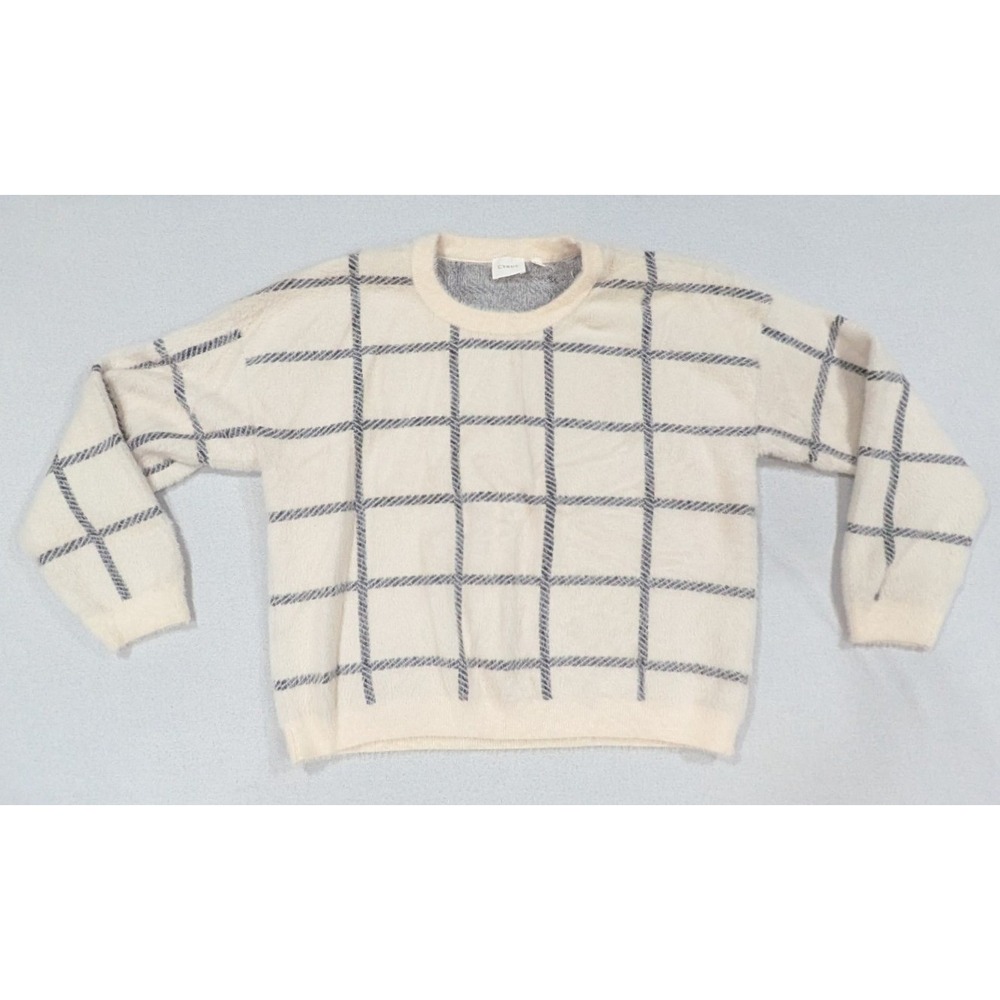 Cyrus Sweater Women XL Cream Navy Blue Excellent Fuzzy Grid Windowpane Pullover